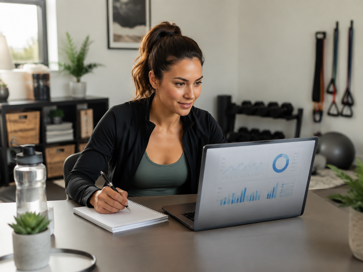 Online fitness coach reviewing monthly client progress