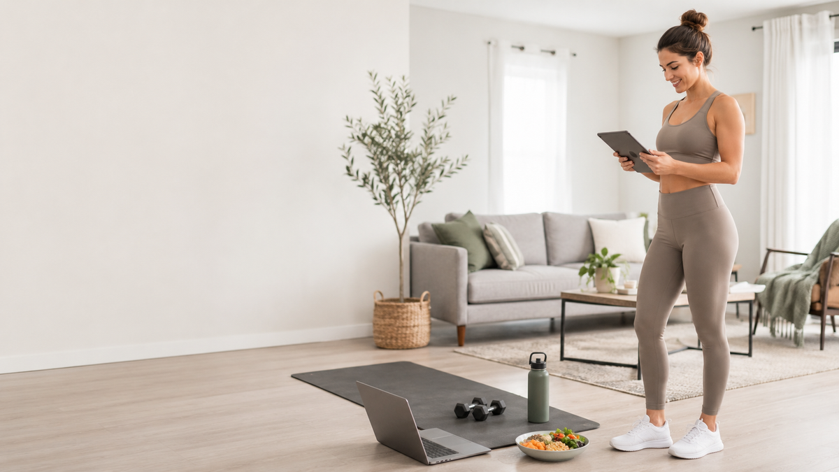 Person following an online fitness and nutrition plan at home